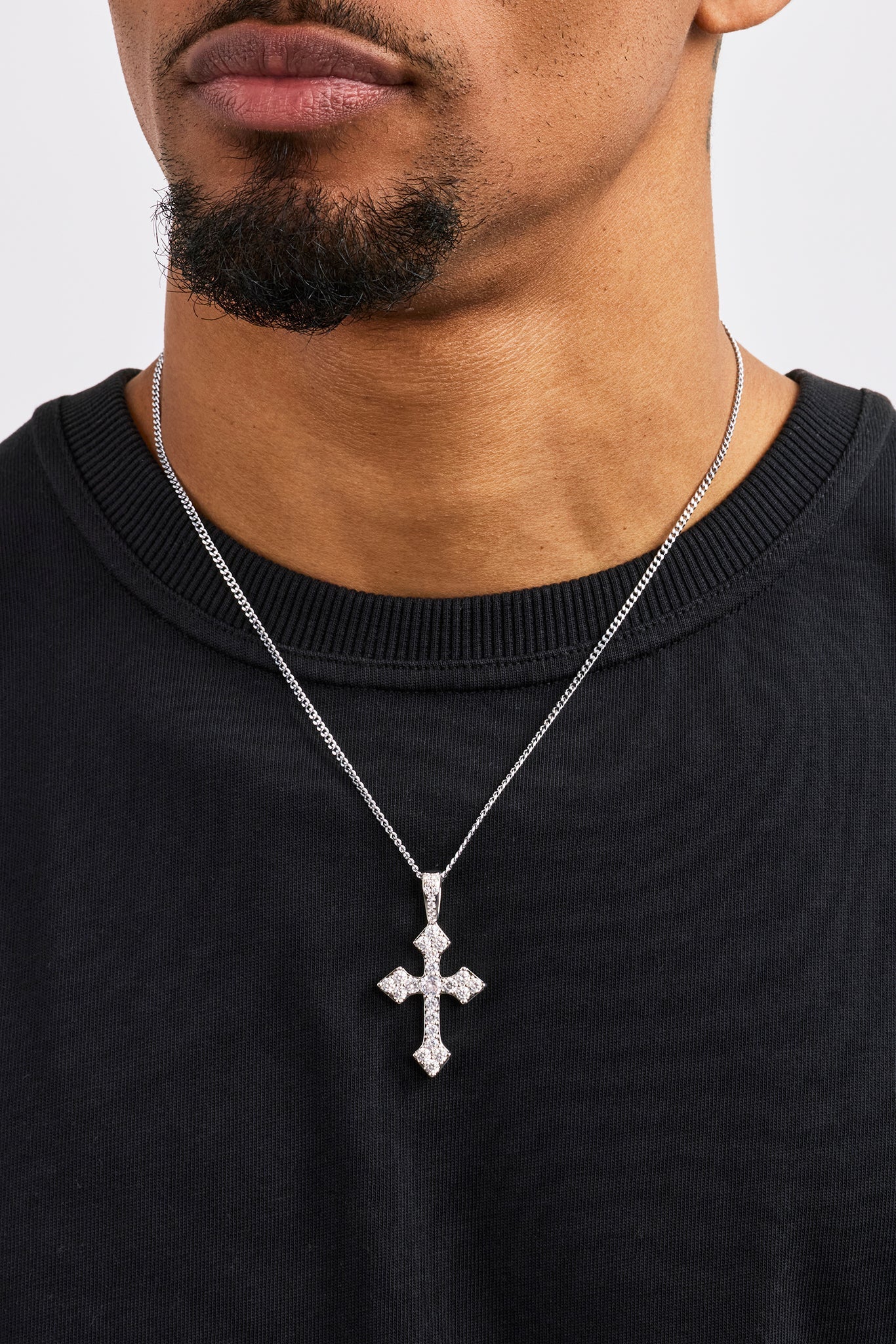 Iced Celtic Cross Pendant Curb Necklace - 35mm - White